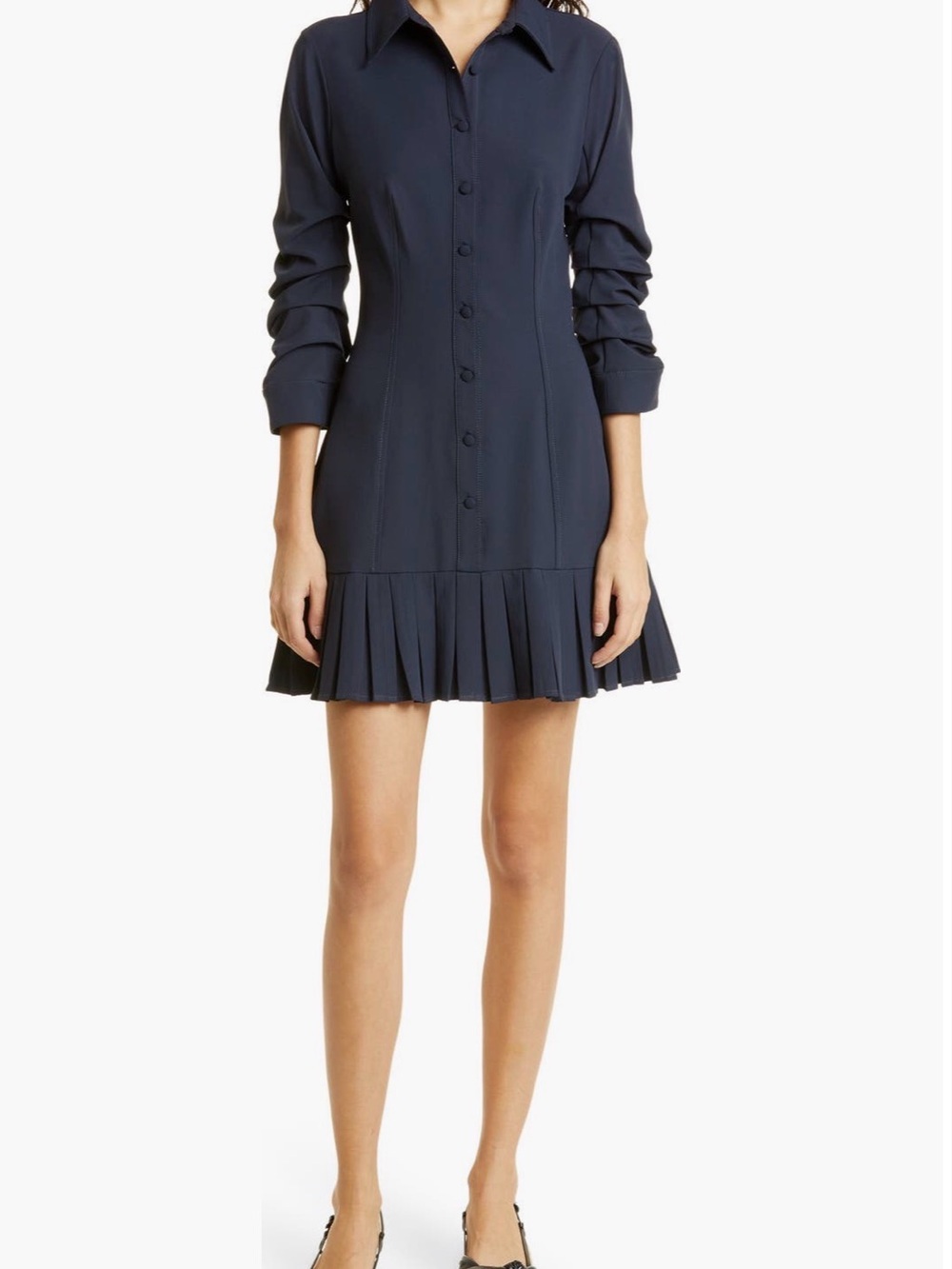 cinq a sept Navy Button-Front Pleated-Hem Shirt Dress